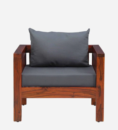 Handcrafted One Seater Sofa with Soft Fabric and Polished Wood Base - Image 4