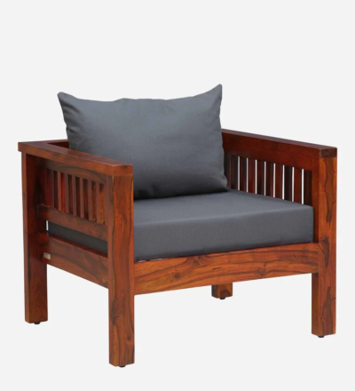 Handcrafted One Seater Sofa with Soft Fabric and Polished Wood Base - Image 5