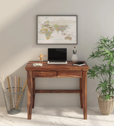 Wooden writing desk featuring smooth finish and multi-tier book rack for organized workspace