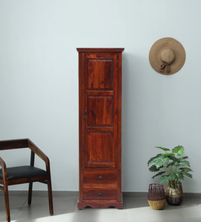 Tall Wooden Wardrobe with Drawers, Inner Shelves, and Brass Handle Accents