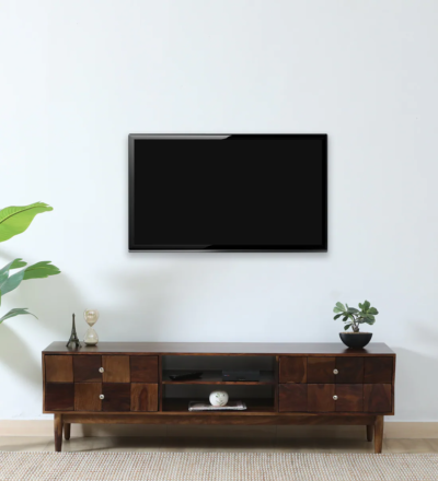 Sheesham wood entertainment table with cabinets and display racks by Sarve Furniture