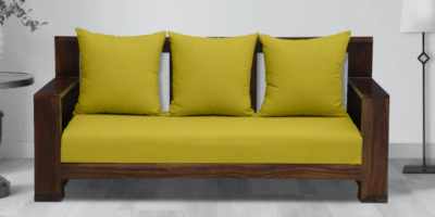 Traditional wooden 3 seater sofa with upholstered cushions