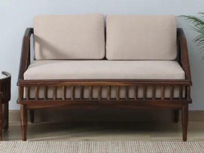 Elegant 2 seater sofa with armrests and smooth wooden finish