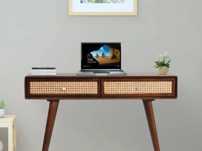 Compact wooden study table with storage drawers suitable for laptop and writing