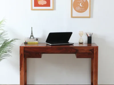 Stylish study table for bedroom and home office with built-in side rack