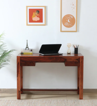 Stylish study table for bedroom and home office with built-in side rack