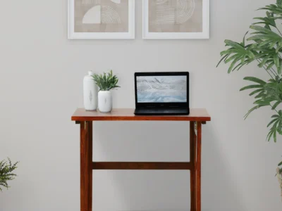 Engineered wood study table with storage shelves for home office