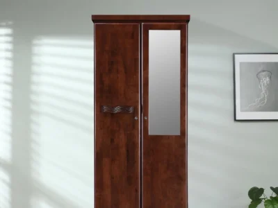 Rustic Wooden Wardrobe with Polished Surface and Two-Door Storage System