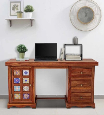 Elegant Writing Table with Sheesham Wood Top and Storage Drawer