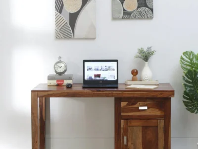 Rustic Sheesham wood writing table with drawer and natural finish for students by Sarve Furniture