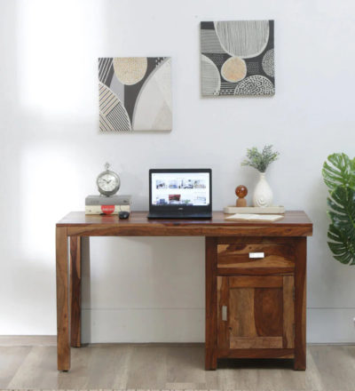 Rustic Sheesham wood writing table with drawer and natural finish for students by Sarve Furniture