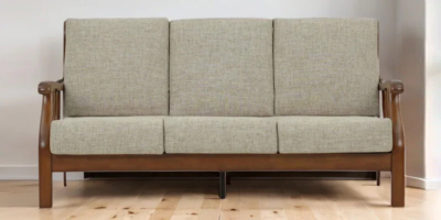 Wooden three seater sofa with cushions for living room or lounge