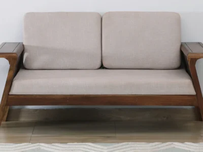 Wooden 2 seater sofa with cushioned arms and seat for everyday use