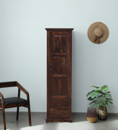 Traditional Sheesham wood wardrobe with carving and 1 door by Sarve Furniture – solid wood handcrafted storage unit