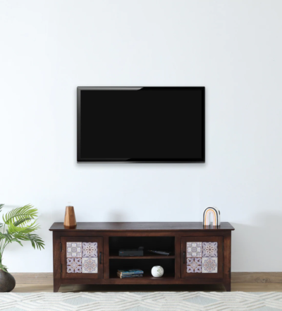 Modern Sheesham wood TV console with metal legs by Sarve Furniture