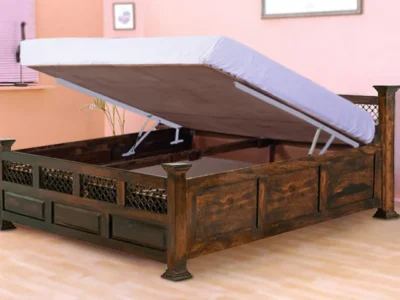 Linens Wooden King Size Bed with Hydraulic Storage in Walnut Finish