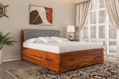 Cest Upholstered Wooden King Size Bed with Hydraulic Storage in Walnut Finish