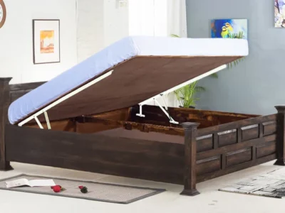 Kavin Solid Wood King Size Bed with Hydraulic Storage in Walnut Finish