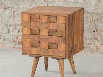Bedside Table in Solid Sheesham Wood with Smooth Drawers and Shelf