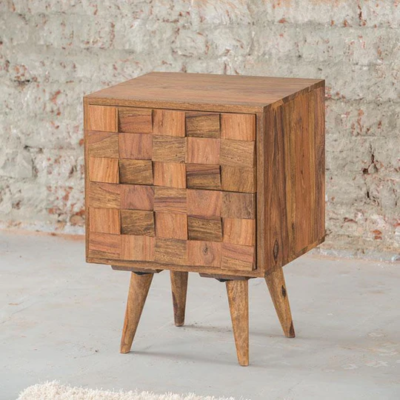 Bedside Table in Solid Sheesham Wood with Smooth Drawers and Shelf
