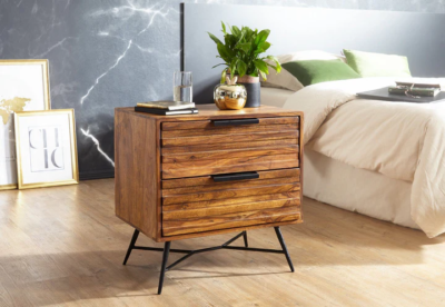 Retro Bedside Table in Solid Wood with Cane Detail and Brass Accents