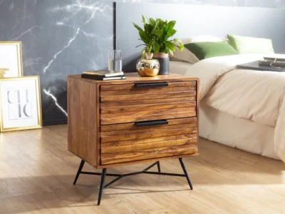 Retro Bedside Table in Solid Wood with Cane Detail and Brass Accents