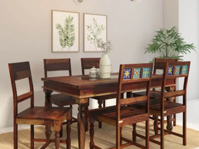 Compact 6 seater dining set with high back chairs and small rectangular table