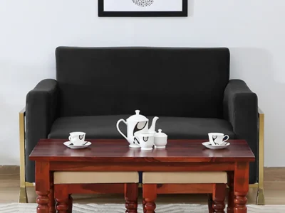 Sheesham wood nesting coffee table set with 2 stools and brass cladding for online purchase