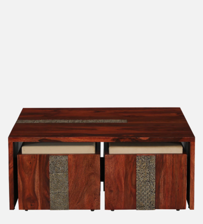 Nesting Coffee Table Set ( 4 Stools ) In Honey Oak Finish With Brass Cladding - Image 7