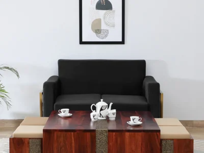 Nesting coffee table set with 4 stools in honey oak finish and brass cladding