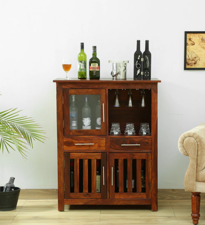 Rustic Oak Bar Cabinet with Built-In Glassware Organizer and Rack