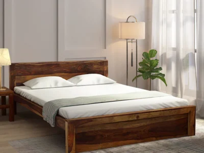 Contemporary Double Bed with Curved Wooden Headboard and Polished Finish