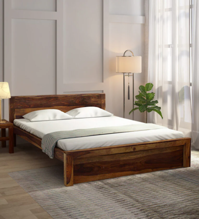 Contemporary Double Bed with Curved Wooden Headboard and Polished Finish