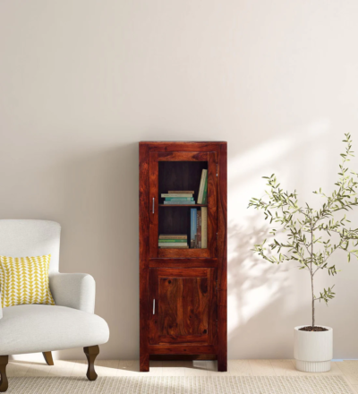 Elegant Sheesham wood bookshelf with mixed storage and classic Indian craft by Sarve Furniture