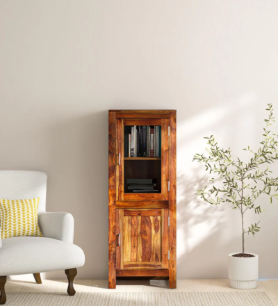 Handmade Sheesham bookshelf with rustic finish and heavy-duty wooden frame by Sarve Furniture