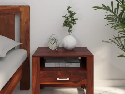 Minimal Sheesham Bedside Table with High Gloss Polish and Drawer Storage