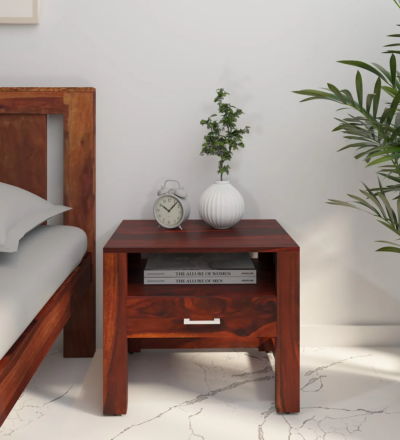 Minimal Sheesham Bedside Table with High Gloss Polish and Drawer Storage