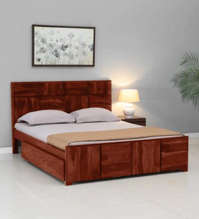 King Platform Wooden Bed with Drawer Storage and Decor Headboard Storage