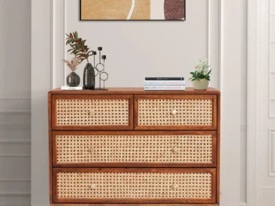 Artistic Handcrafted Drawer Cabinet with Natural Wood Finish and Metal Details