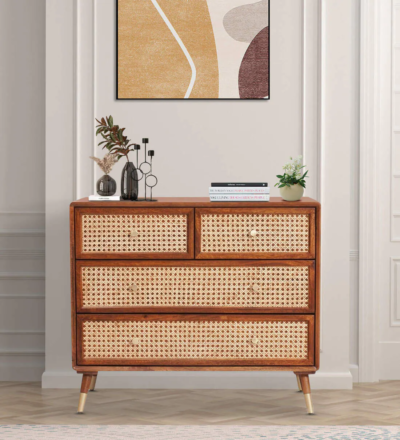 Artistic Handcrafted Drawer Cabinet with Natural Wood Finish and Metal Details