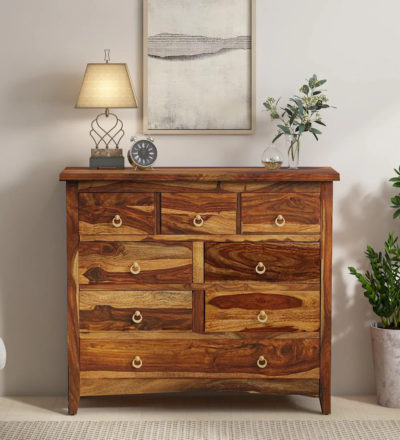 Wooden Chest of Drawers Online with Rustic Finish and Carved Front Panels