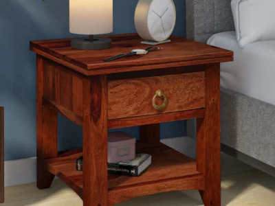 Sleek Wooden Bedside Table with Storage Compartment and Durable Sheesham Wood Frame