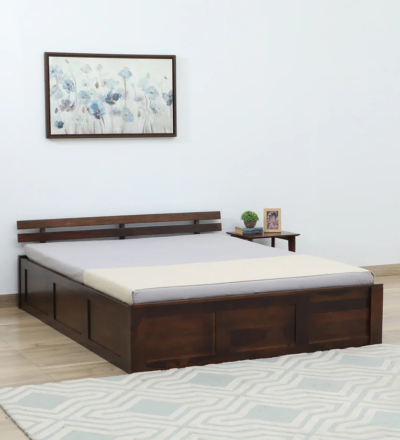 Verano Sheesham Wood Bed with Hydraulic Storage by Sarve Furniture, showcasing a sleek design and spacious hydraulic lift storage.