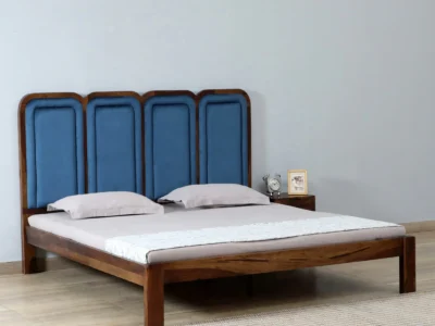 Wooden Bed with Tall Headboard and Smooth Polished Finish for Bedroom