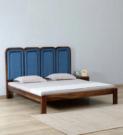 Wooden Bed with Tall Headboard and Smooth Polished Finish for Bedroom