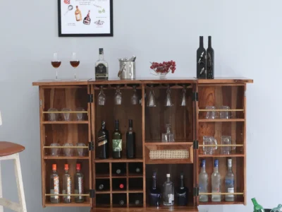 Adjustable Wooden Bar Cabinet with Shelves, Wine Racks, and LED Lights