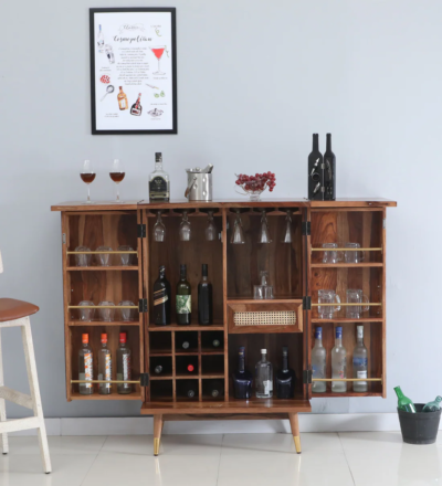 Adjustable Wooden Bar Cabinet with Shelves, Wine Racks, and LED Lights