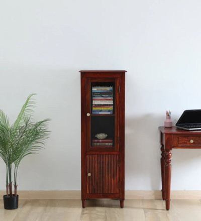 Vintage Sheesham wood bookcase with brass accents and smooth polish by Sarve Furniture