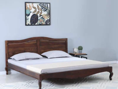 Sheesham Wooden Double Bed with Carved Headboard and Polished Finish Look