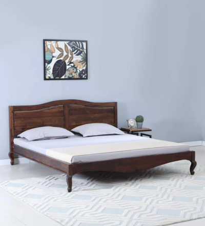 Sheesham Wooden Double Bed with Carved Headboard and Polished Finish Look